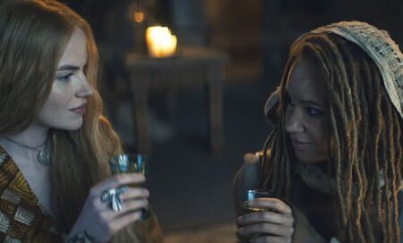 Two characters in Wheel of Time sharing a drink.