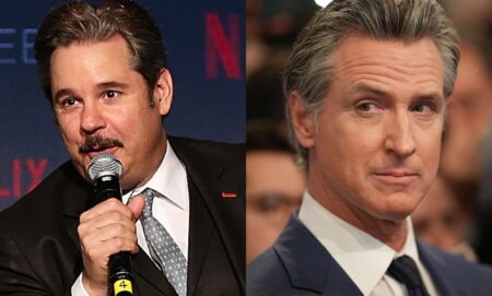 A split image of Paul F Tompkins and Gavin Newsom.