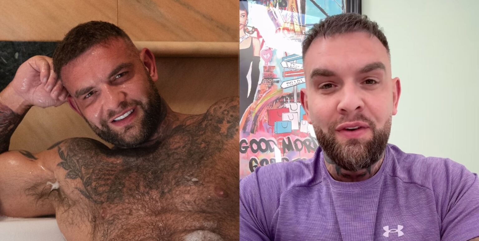 OnlyFans content creator Andy Lee poses shirtless in a bath (left) and speaks direct to camera while wearing a purple top (right).