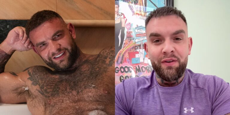 OnlyFans content creator Andy Lee poses shirtless in a bath (left) and speaks direct to camera while wearing a purple top (right).