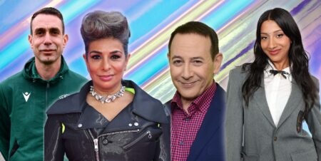 A collage featuring David Coote, Shobna Gulati, Paul Reubens and Lara Rajagopalan