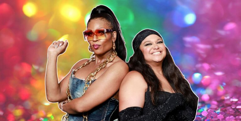 Peppermint and Michelle Buteau pose together against a rainbow sparkly background