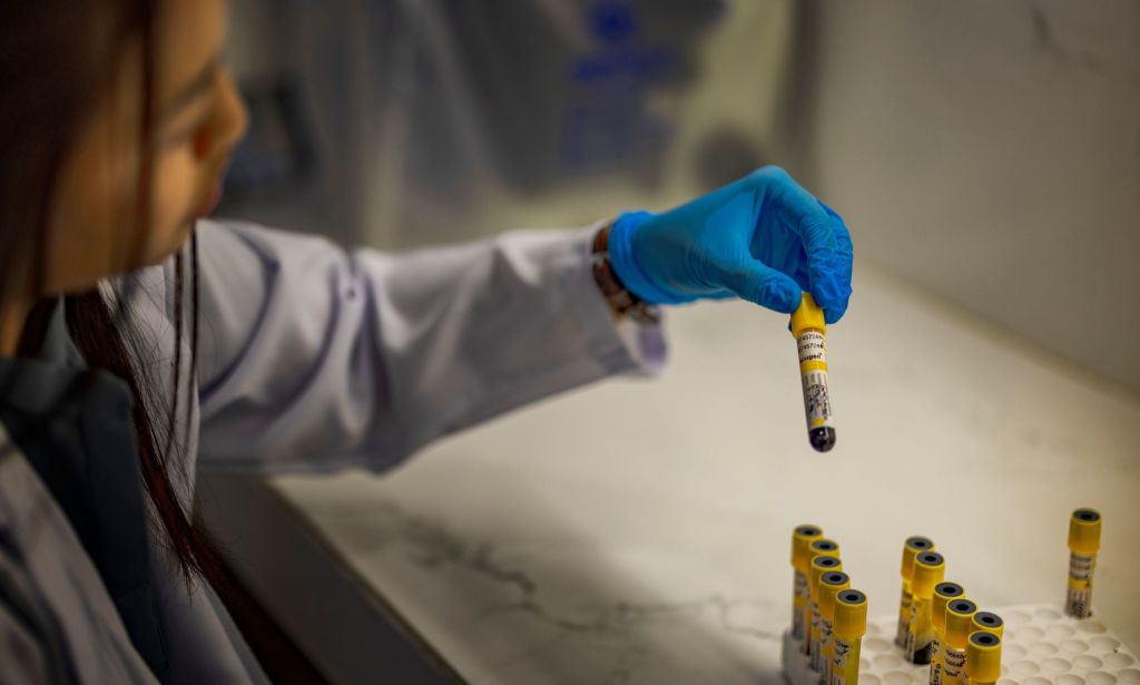 Une personne qui regarde un flacon de sang dans un laboratoire d'essai.