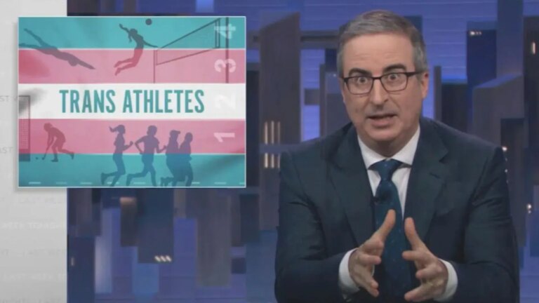 Screenshot of John Oliver speaking about trans athletes on Last Week Tonight