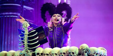 Lady Gaga performs with a skeleton piano at Coachella