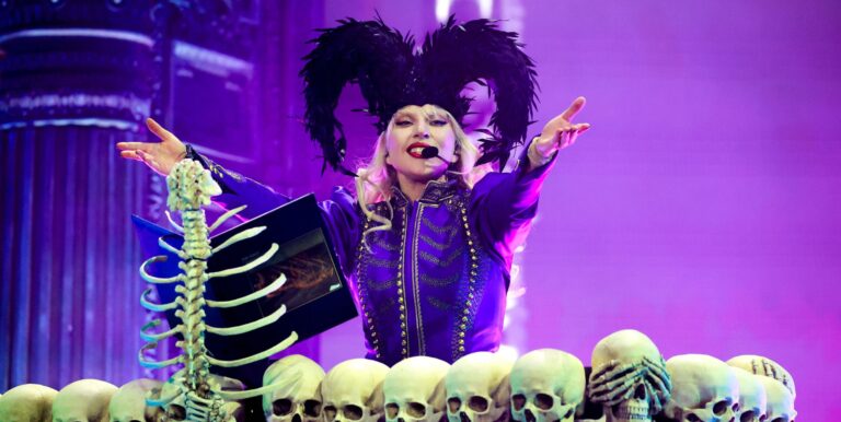 Lady Gaga performs with a skeleton piano at Coachella
