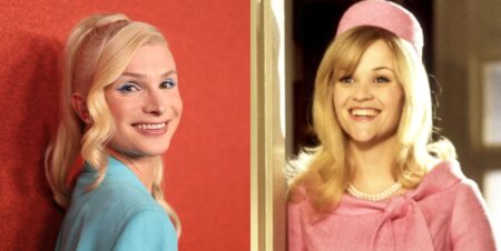 On the left, Dylan Mulvaney smiles while standing against a peach coloured background. Her hair is in a blonde ponytail and she is wearing a baby blue blazer. On the right, Reece Witherspoon stars as Elle Woods in Legally Blonde. She is wearing a pink blazer and matching hat and smiling as she stands in a doorway.