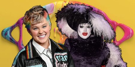 An image of Jojo Siwa with rainbow hair and a wearing trans lives matter jacket while smiling. The image is next to an image of Drag Race UK winner Danny Beard in a black velvet catsuit and huge fluffy black hat. Both images are against the Big Brother eye logo, which is in rainbow and against a yellow background.