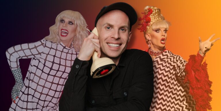 Katya out of a drag in a black top and black cap, smiling as she holds a phone. Next to her are faded photos of her in drag performing in black and white dresses. All three images are against a black and orange background.