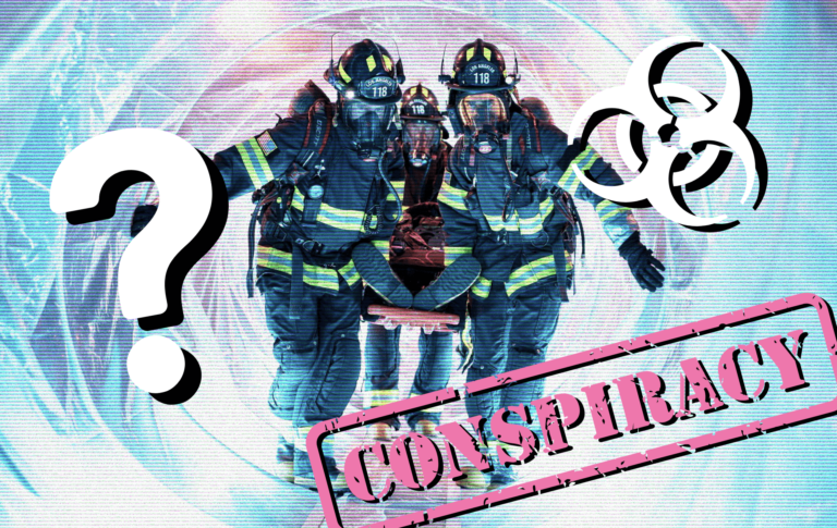 Firefighters coming through a tunnel while carrying someone on a gurney. A question mark, a biohazard sign and the word