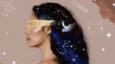 Woman side portrait background, blindfolded celestial mixed media illustration