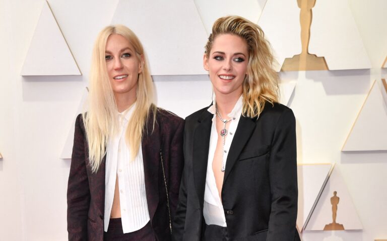 US actress Kristen Stewart (R) and fiancee Dylan Meyer.