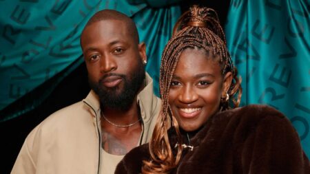 Dwyane Wade and Zaya Wade attend Revolve's Holiday Shop Grand Opening at The Grove on November 14, 2024 in Los Angeles, California.