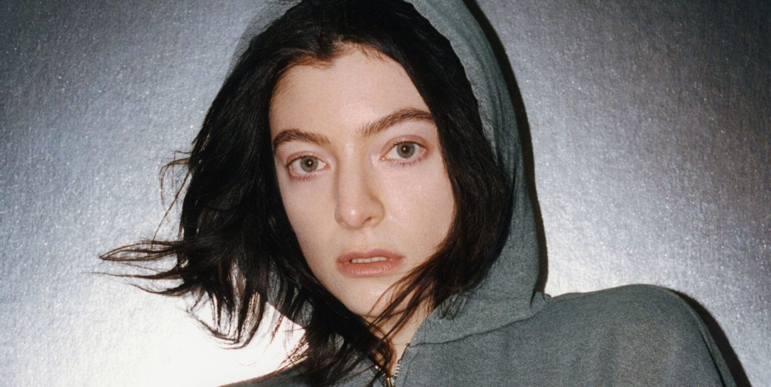 Lorde in a grey hoodie with brown hair poking out while standing against a grey background.