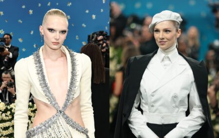 Alex Consani's debut at the Met Gala, wearing a Swarovski crystal-encrusted suitdress. And Hunter Schafer at the 2025 Met Gala, wearing a custom Prada black-and-white, multilayered suit.