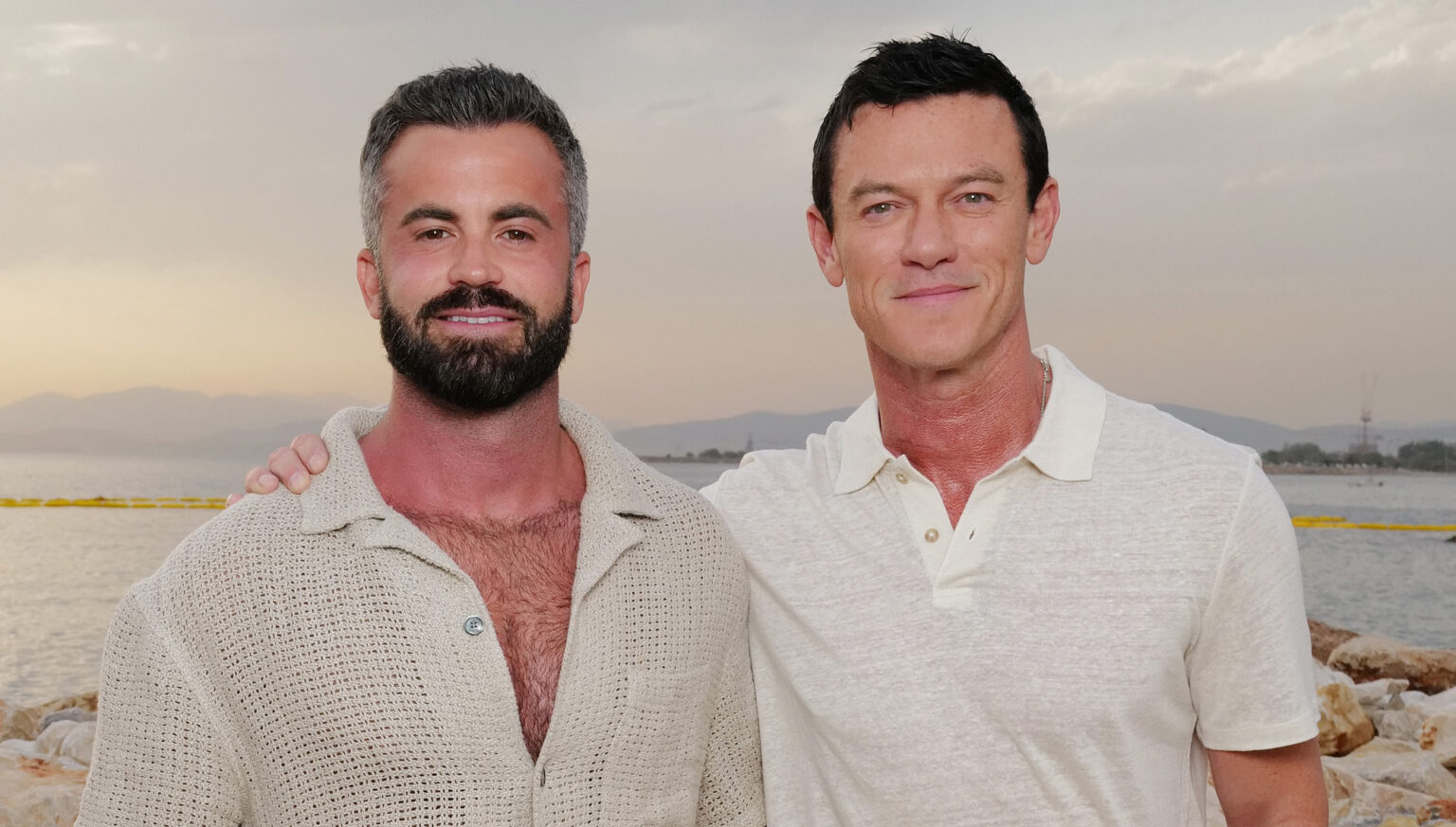 ATHENS, GREECE - JUNE 06: Luke Evans and Fran Tomas attend sunset cocktails hosted on a yacht off Aesthesis beach during the One&Only Aesthesis Grand Opening Party on June 06, 2024 in Athens, Greece. (Photo by Darren Gerrish/Getty Images for One&Only)