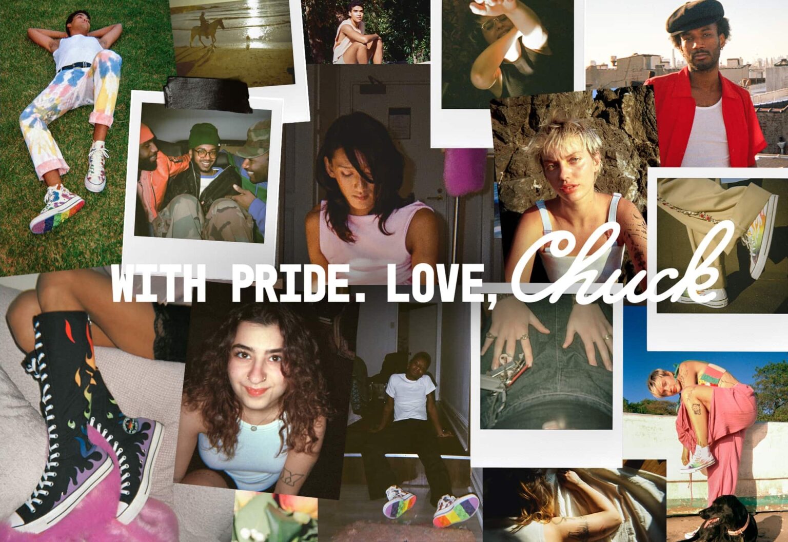 Composite image of Converse's 2025 Pride collection, featuring the phrase "With Pride, Love, Chuck"