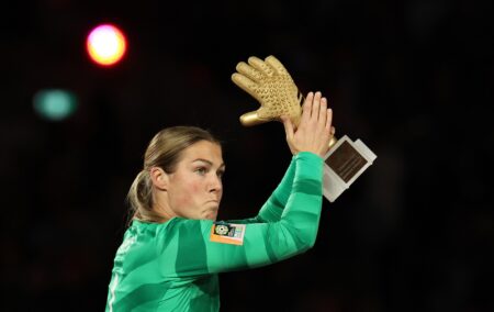 Mary Earps of England reacts after winning the golden glove during the FIFA Women
