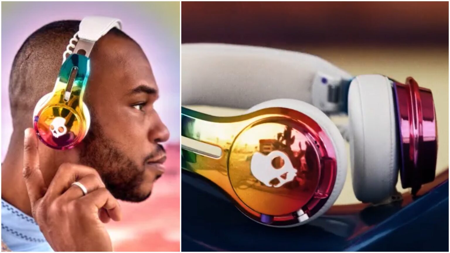 Composite image, left hand side shows man wearing rainbow coloured Skullcandy Pride 2025 headphones, right hand image is a close up of the headphones