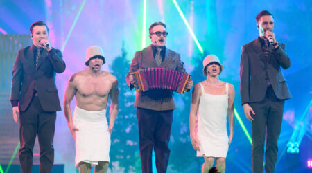 BASEL, SWITZERLAND - MAY 13: KAJ representing Sweden performs during the Semi Final Round 1 of the 69th Eurovision Song Contest Opening Ceremony at Messe Basel on May 13, 2025 in Basel, Switzerland. (Photo by Harold Cunningham/Getty Images)