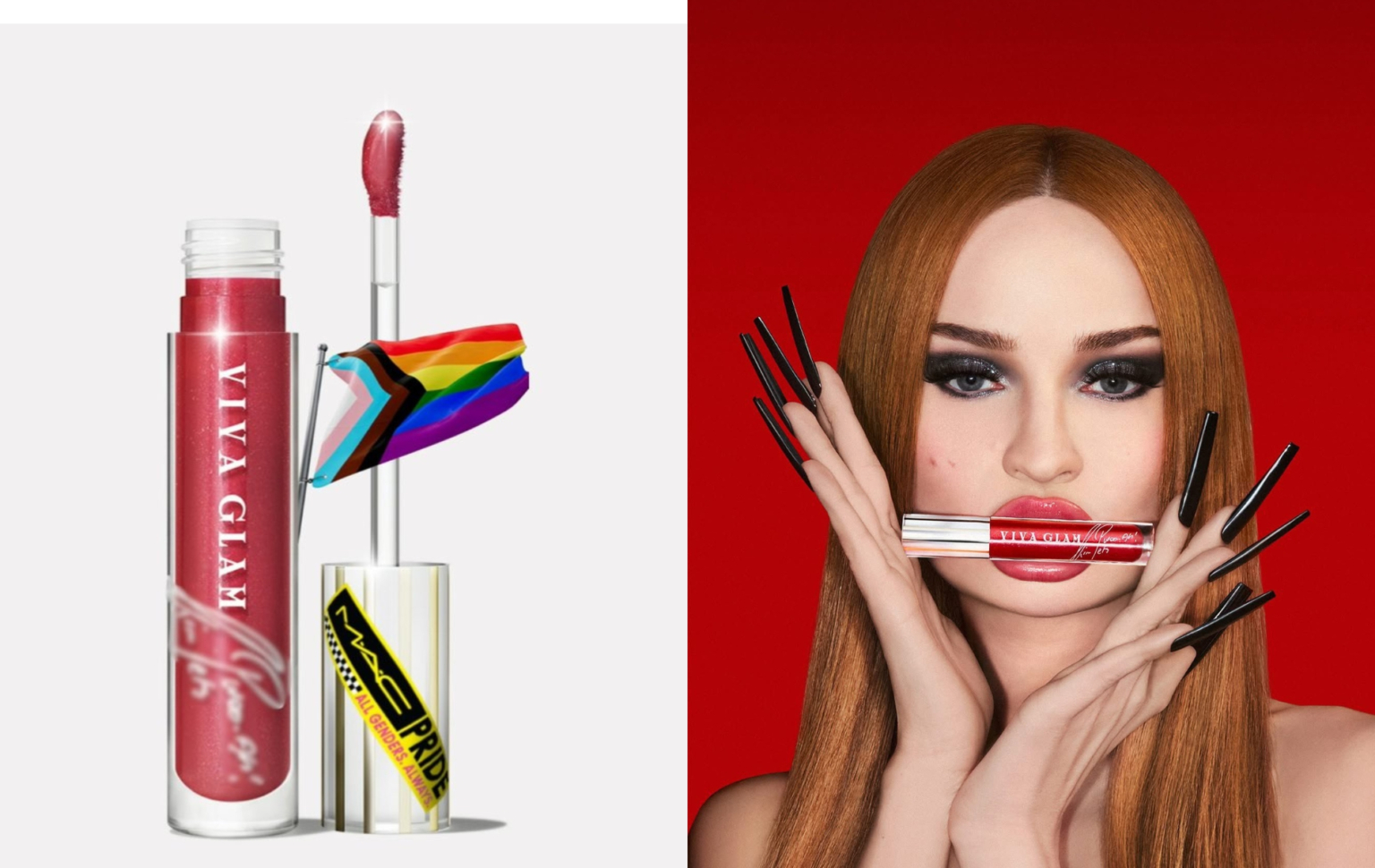 two images: first of the viva glam lip gloss with progress pride flag coming out of the bottle. second image is kim petras with long hair and long black fingernails, with viva glam lip gloss between her lips.