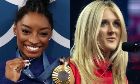 A split image of Simone Biles (left) and Riley Gaines (right)