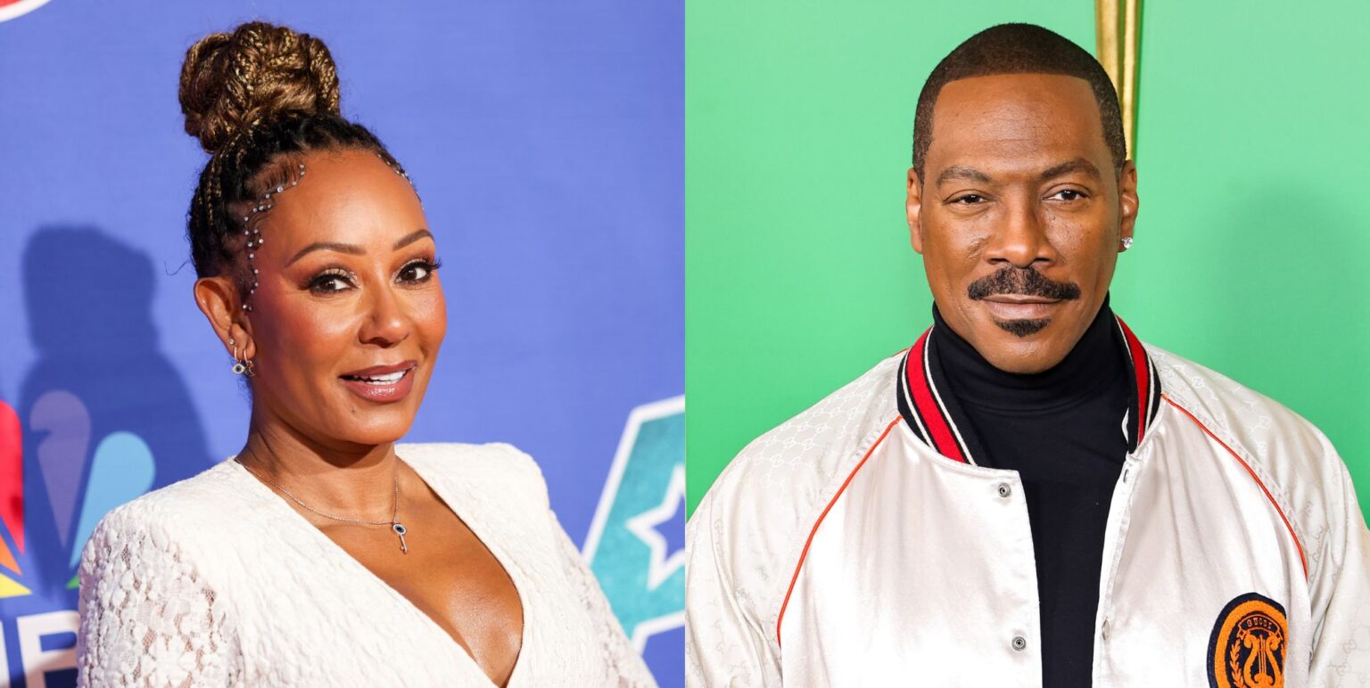 Mel B on the left in a white dress against a blue background and Eddie Murphy on the right in a white and red jacket against a green background.