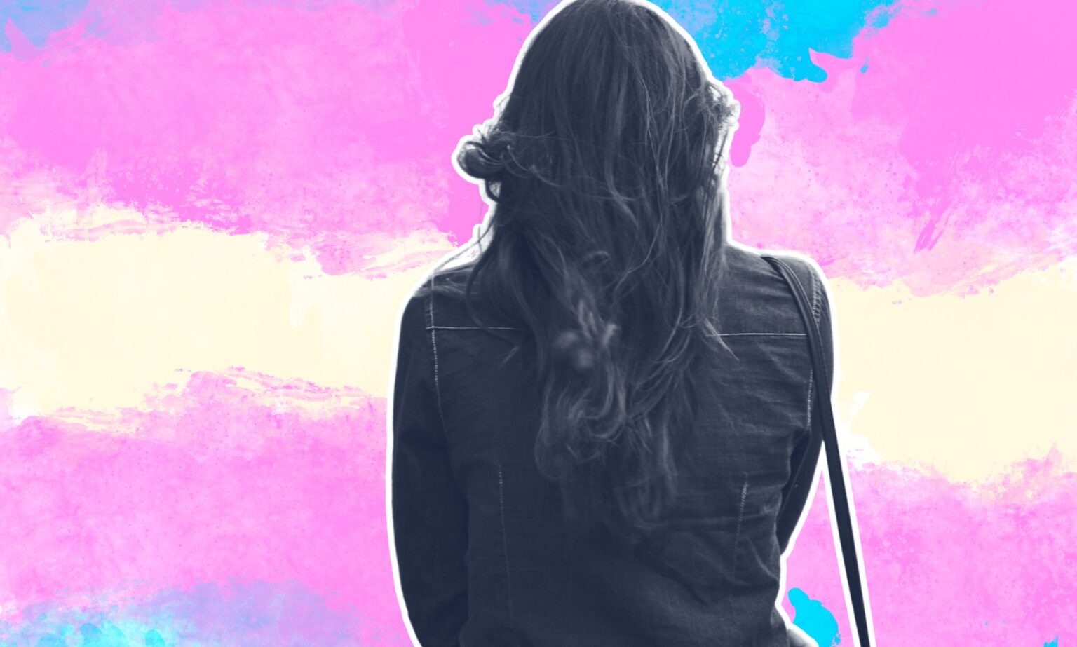 The back of a woman edited into a trans flag.