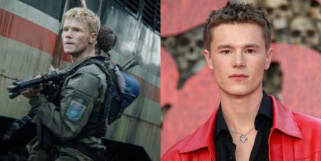 On the left, Edvin Ryding holds a gun as he is dressed as soldier Erik in 28 Years Later. On the right Edvin Ryding wears a black shirt and red blazer on the 28 Years Later red carpet.