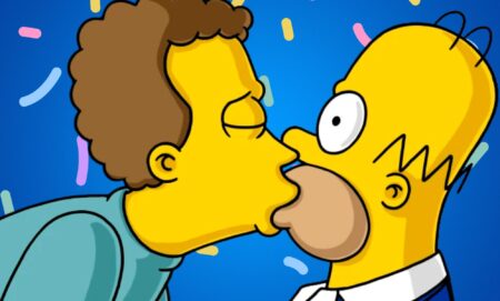 An edited photo of a gay Simpsons character kissing Homer Simpson.