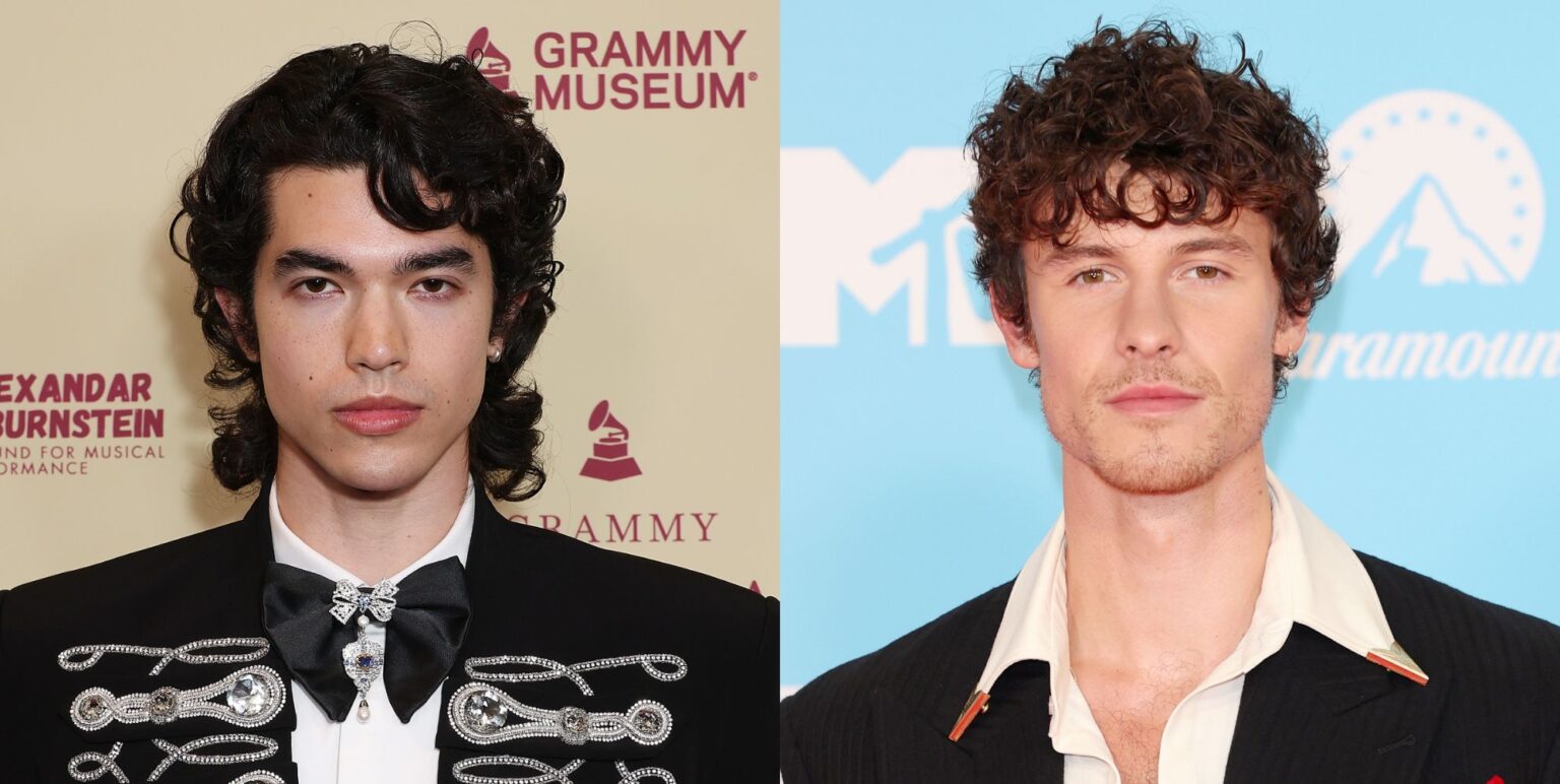 Conan Gray and Shawn Mendes pose in black jackets and white shirts at separate red carpet events.