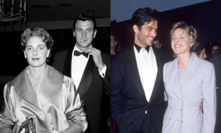 Rock Hudson smoking with wife Phyllis Gates and Johnathon Schaech and Ellen DeGeneres attending the First Annual Screen Actors Guild Awards