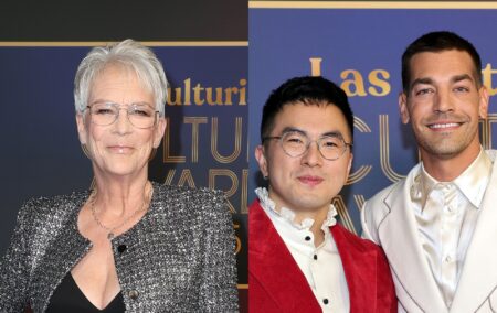 Jamie Lee Curtis, Bowen Yang and Matt Rogers attend Las Culturistas Culture Awards. Curtis wearing a textured grey jacket over a v-cut top, Yang in a red velvet suit with a ruffled white collar shirt and Rogers in an all-white