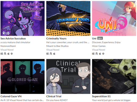 Six NSFW itch.io games including one called