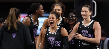 Veronica Burton #22 of the Golden State Valkyries celebrates atheir 77-75 win over the Atlanta Dream at Gateway Center Arena on July 29, 2025 in College Park, Georgia.