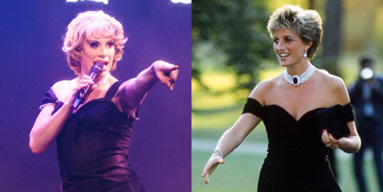 On the left, Divina De Campo performs as Princess Diana. On the right, Princess Diana in her revenge dress.