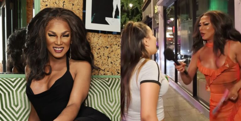On the left, Tiara Skye smiles while wearing a black dress and perched on a green sofa. On the right, Tiara holds a microphone to a woman who was abusing her.