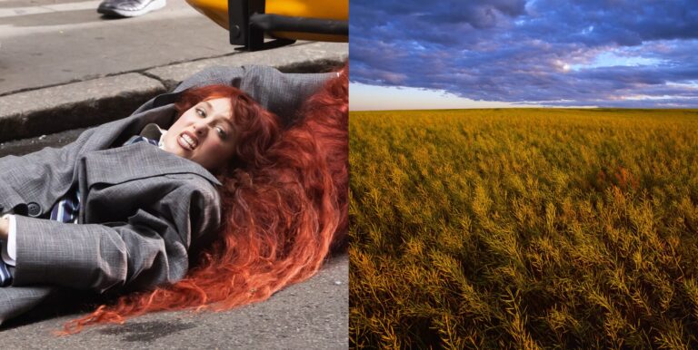 On the left, Chappell Roan looks angry as she lies on the ground attached to a yellow taxi cab. On the right, A nearly mature canola field at sunset, post bloom with pods beginning to dry out / near Ponteix, Saskatchewan, Canada