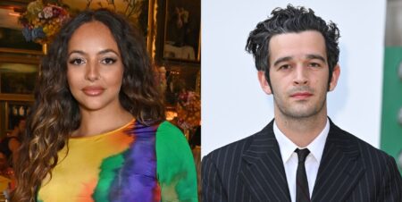 Jade Thirwall at an LGBTQ+ event in a colourful dress in 2023. On the right, Matty Healy at a separate event in a suit and tie.