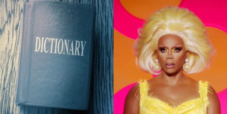 On the left, a dictionary in blue. On the right, RuPaul in a yellow dress on the judging panel of RuPaul's Drag Race.