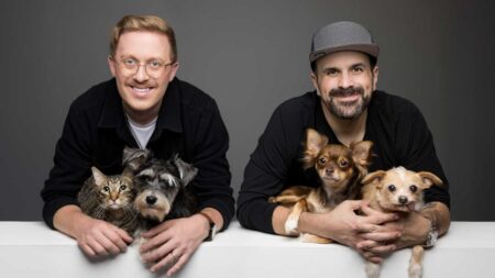 Founders Michel and Dillon with Gus the cat, Rosie, Maple and Napoleon