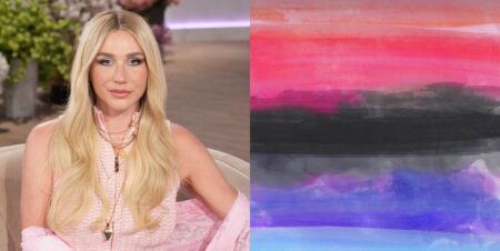 On the left, Kesha on the Drew Barrymore show in 2025. on the right, a painting of the omnisexual flag.