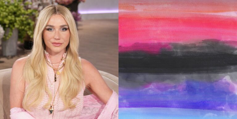 On the left, Kesha on the Drew Barrymore show in 2025. on the right, a painting of the omnisexual flag.