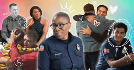 A collage showing different characters from 9-1-1 with doodles and a rainbow background