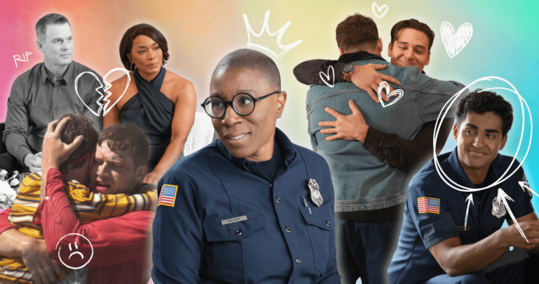 A collage showing different characters from 9-1-1 with doodles and a rainbow background