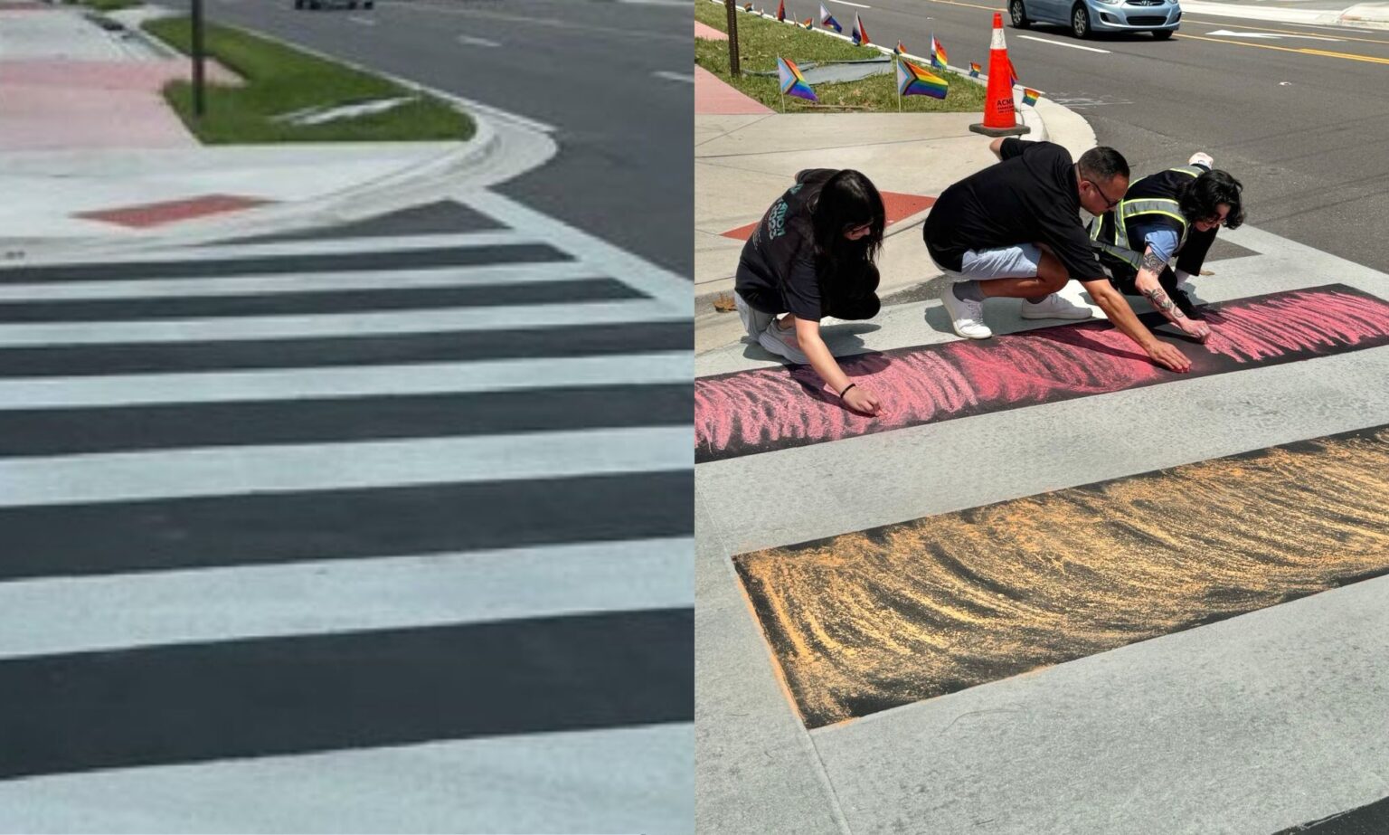 A split image of the Pulse Nightclub memorial crosswalk before and after it has been re-coloured back in.