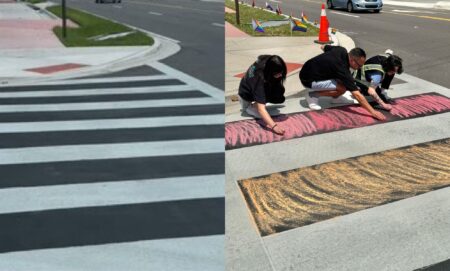 A split image of the Pulse Nightclub memorial crosswalk before and after it has been re-coloured back in.