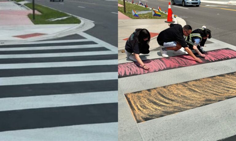 A split image of the Pulse Nightclub memorial crosswalk before and after it has been re-coloured back in.