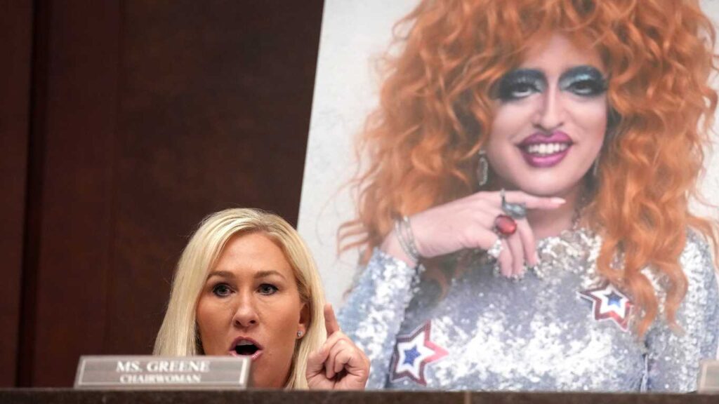 Subcommittee Chairwoman U.S. Rep. Marjorie Taylor Greene (R-SC) speaks in front of a photo of drag queen Lil Miss Hot Mess during a House Oversight and Government Reform Committee hearing at the U.S. Capitol on March 26, 2025 in Washington, DC.