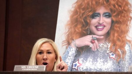 Subcommittee Chairwoman U.S. Rep. Marjorie Taylor Greene (R-SC) speaks in front of a photo of drag queen Lil Miss Hot Mess during a House Oversight and Government Reform Committee hearing at the U.S. Capitol on March 26, 2025 in Washington, DC.